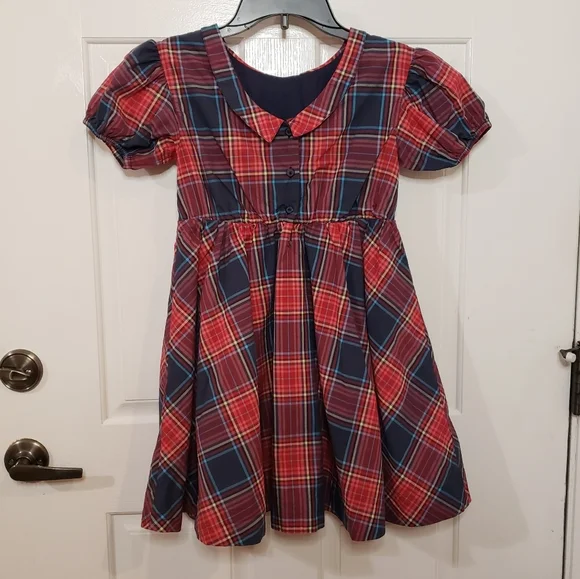 Puff sleeve collar dress Matsuri Plaid in Red size 7